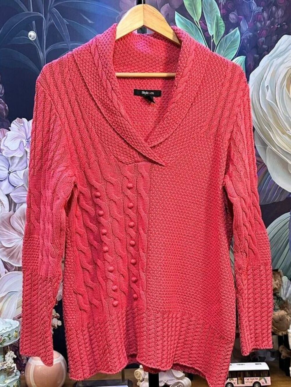 Style & Co XL Cable Knit Sweater Shawl Collar Bobble Textured Boho Cozy Coral